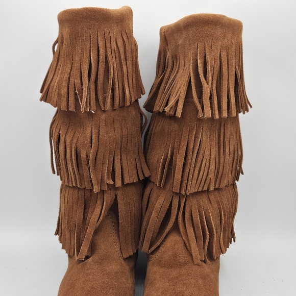 Minnetonka Calf Hi 3-layer leather Fringe western hippie moccasin Boot size 8 - Picture 6 of 16